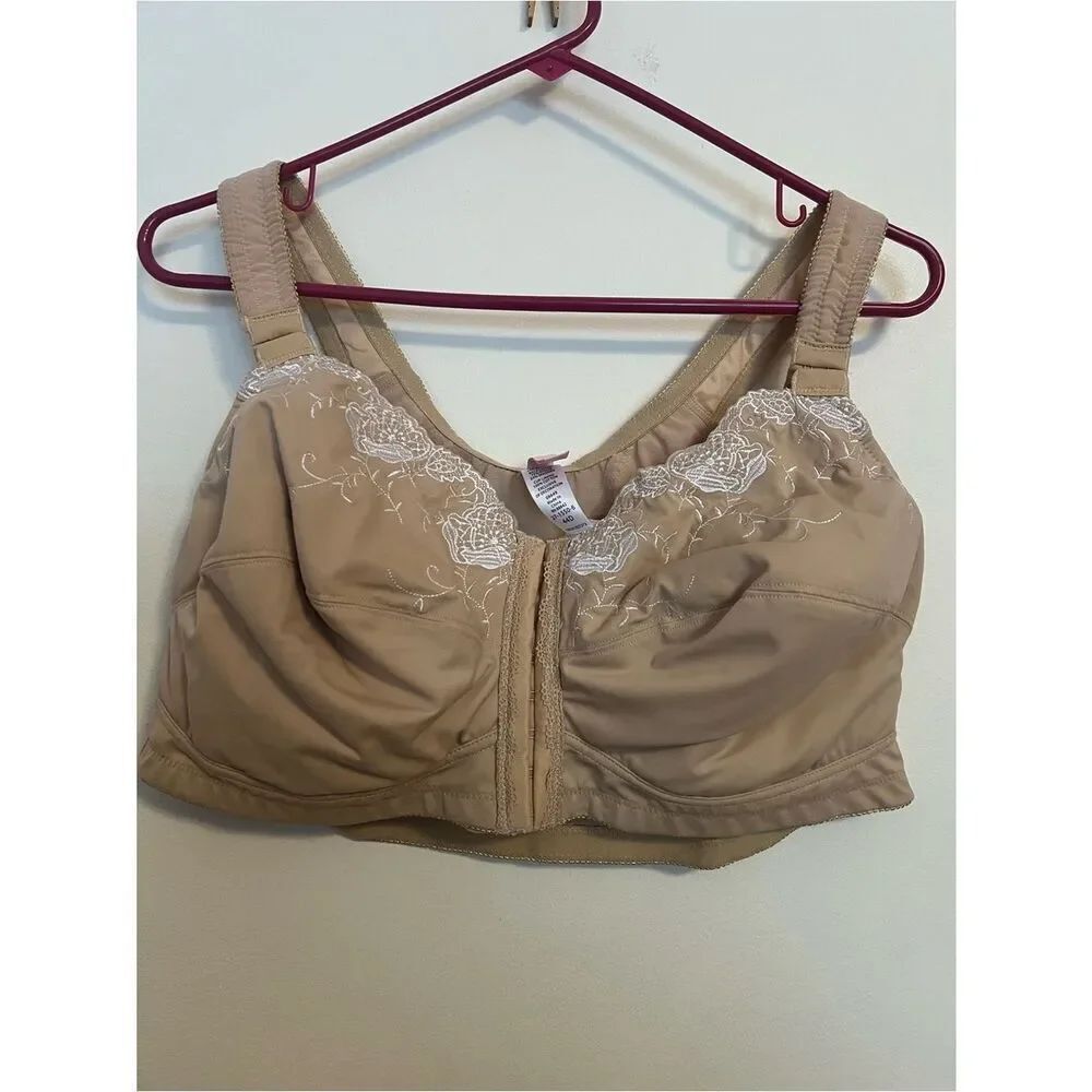 Front-Closure Beige Embroidered Support Bra - Picture 1 of 3